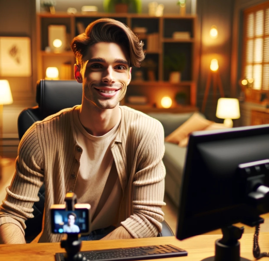 transgender guy smiling in front of webcam